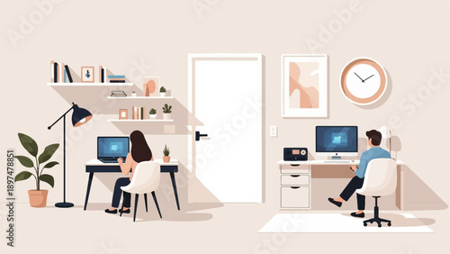 Two people working on laptops and computers in a modern office