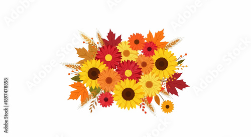 Autumnal arrangement of sunflowers, daisies, maple leaves, and wheat