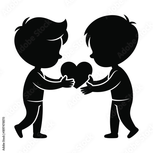Two children sharing a heart symbolizing love and friendship. isolated on white background, Vector, illustration
