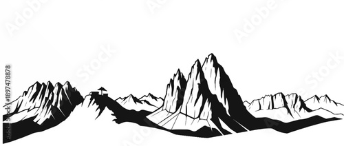 A stylized black and white panorama of jagged mountain peaks under a bright sky, featuring a small structure