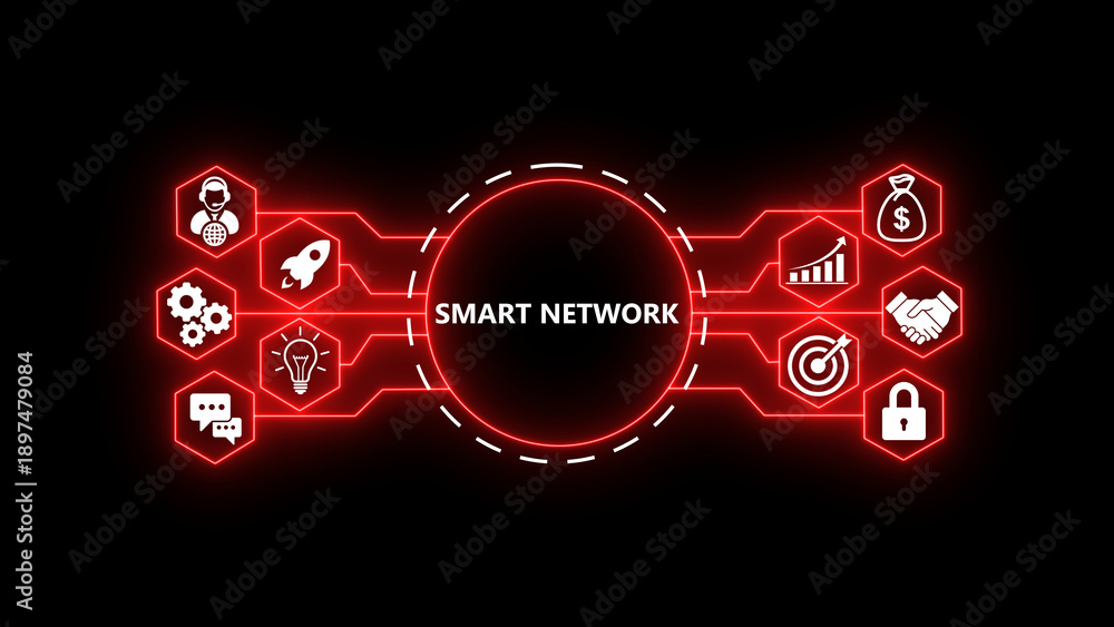 Fototapeta premium concept with glowing technology icons on a dark background. Futuristic digital network showing business growth, startup ideas, strategy, security, target achievement,