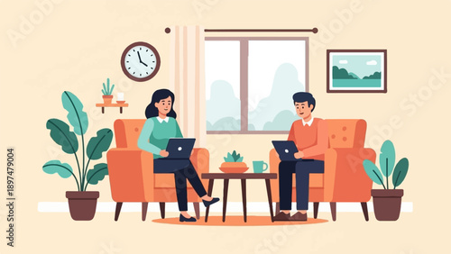 Two people working on laptops while sitting in armchairs at home