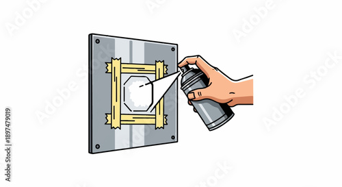 Hand sprays through a stencil on a taped surface