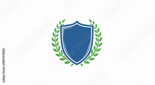 A blue shield emblem surrounded by green laurel leaves on a white background