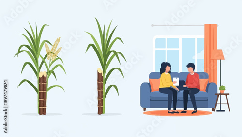 Two sugar canes and a couple conversing indoors on a sofa
