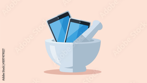 Two tablets and a pestle sit inside a mortar on a pink background