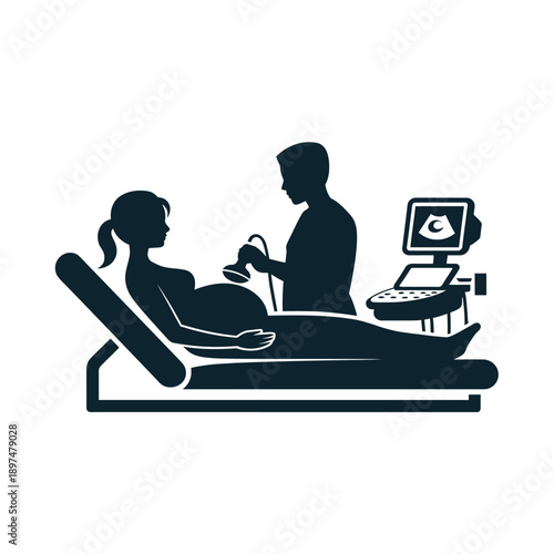 A medical professional performing an ultrasound on a pregnant woman isolated on white background, Vector, illustration