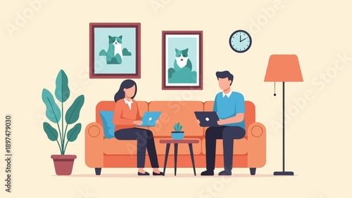 Two people working on laptops while sitting on a couch in a living room