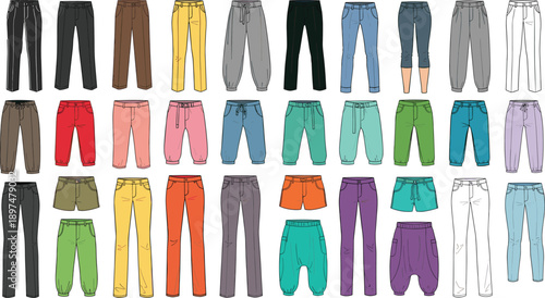 Large collection of pants and shorts vector icons featuring various styles like trousers leggings joggers and sweats for fashion design