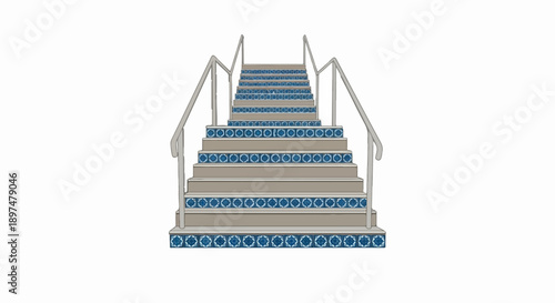 Wide set of stairs with gray railings and decorative blue tiled risers