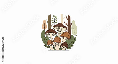 A minimalist illustration of brown mushrooms and green leaves in a forest setting