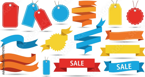 Collection of colorful sale tags and ribbons with text for promotions
