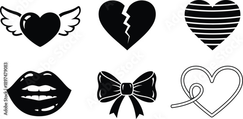 Collection of black and white heart and love symbols with lips bow