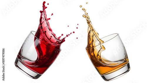Red Wine and Whiskey Splash Toasting in Glasses Against Black Background graphic