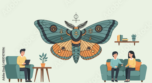 Two therapy sessions occur with a giant moth overhead