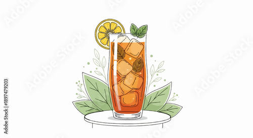 A tall glass of iced tea with lemon slice and mint leaves, on a white stand