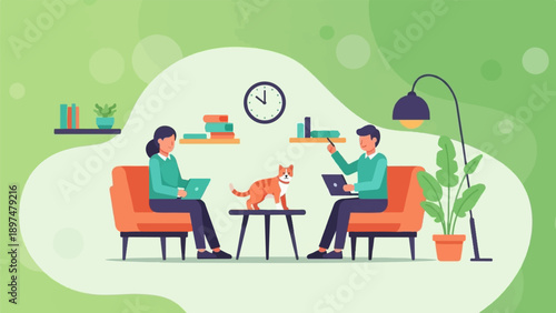 Two people working on laptops with a cat nearby in a cozy room