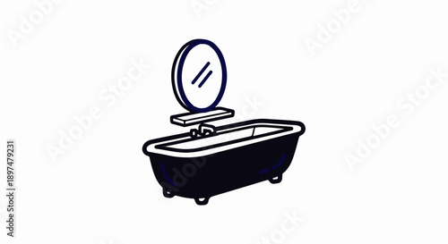 A simple, dark, freestanding bathtub with a shelf and mirror above