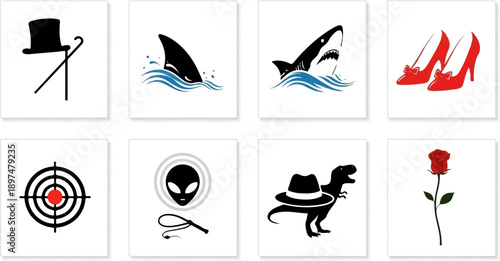 Collection of eight distinct silhouette icons a top hat and cane, shark fin, shark, red heels, target, alien and whip, dinosaur, and rose