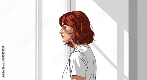 Pixel art portrait of a woman with auburn hair in profile, bathed in sunlight