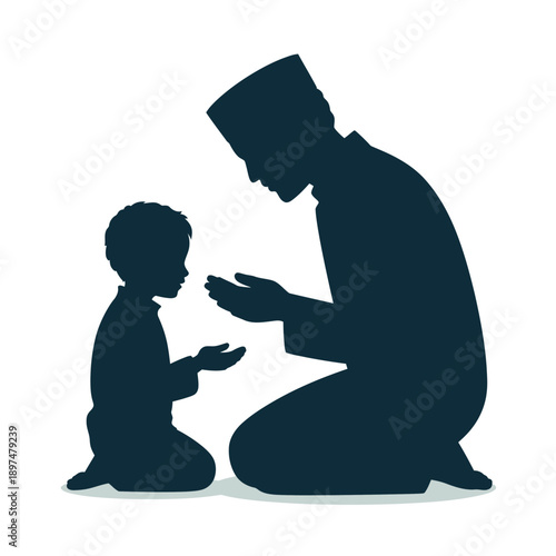 An elder person kneeling down to interact with a young child in a silhouette image. isolated on white background, Vector, illustration