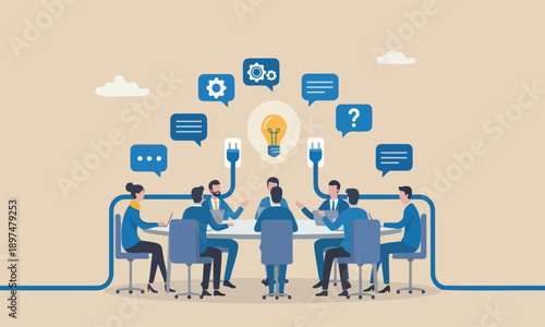 Communicate to solve problem, discussion or meeting to get new idea, collaboration or cooperate to success, connect idea for solution concept, businessman connect plug between conversation dialogue.