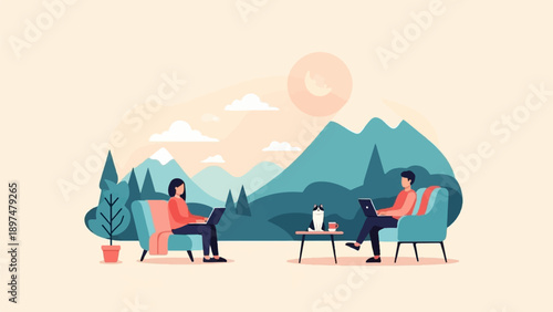 Two people working on laptops with a cat and mountains in the background
