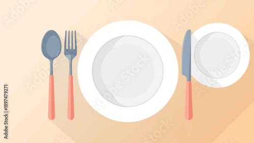 Two white plates, fork, spoon, and knife arranged on a flat surface