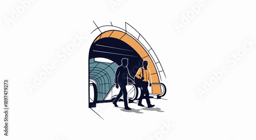 Two people walk past escalators into a modern tunnel with arching orange structure