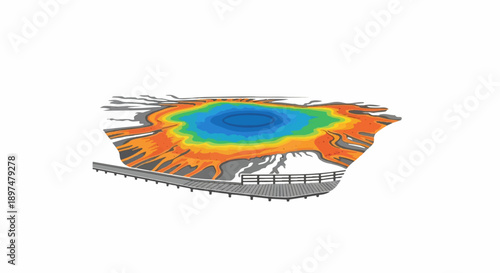 Colorful hot spring with boardwalk, vibrant hues, steam rising