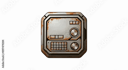 Rusted metal control panel with buttons, dials, and keypad