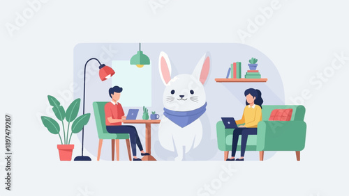 Two people working on laptops with a large bunny in a cozy room