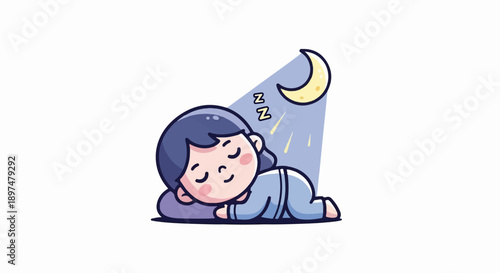 A cute cartoon person sleeps soundly under a smiling moon and soft yellow light