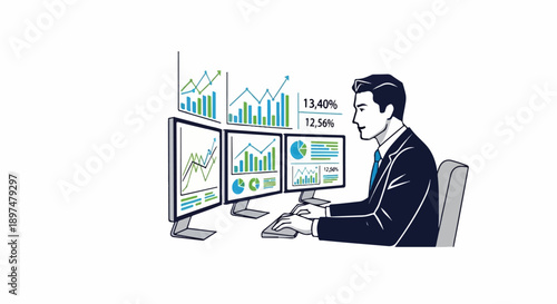 Businessman intently observing multiple data screens and charts on his computer setup