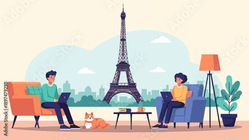 Two people working on laptops with a dog and Eiffel Tower in background