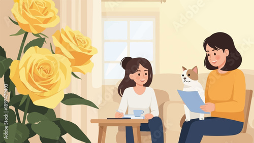 Two women and a cat enjoying a relaxed indoor moment with yellow roses