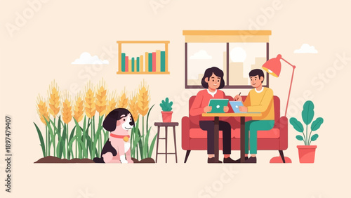 Two people working on tablets beside wheat fields and a dog