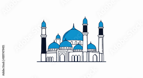 Stylized blue domed mosque with tall minarets, rendered in a simple, graphic outline style