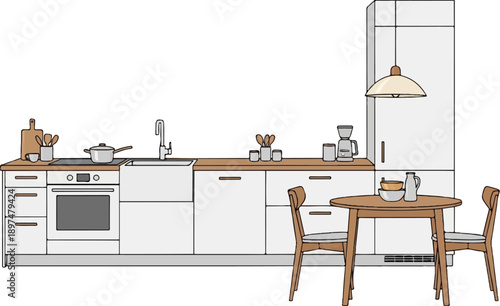 Minimalist kitchen interior featuring a dining set, appliances, sink, and cabinetry