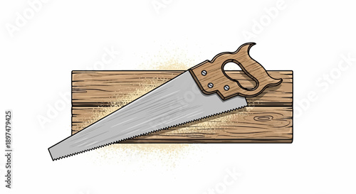 A handsaw rests on wooden planks with sawdust