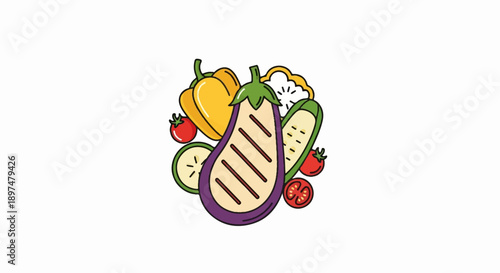 Colorful assortment of grilled and fresh vegetables, including eggplant, bell peppers, tomatoes, and zucchini