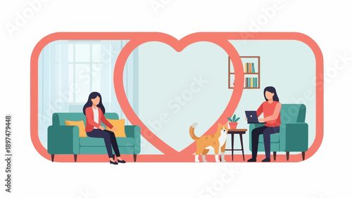 Two women and a cat in a cozy living room inside a heart frame