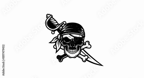 Stylized skull with bandana, crossed bones, and saber, a pirate emblem