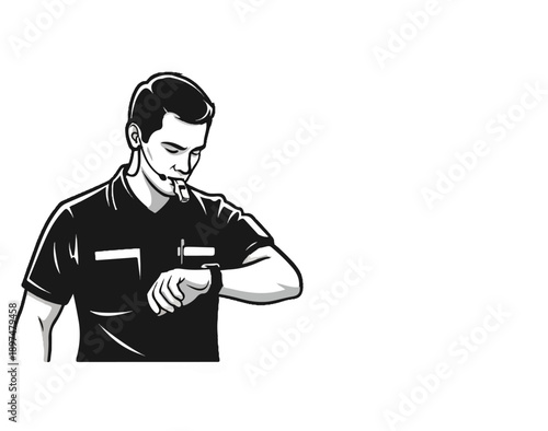A black and white drawing of a referee with a whistle in his mouth checking his watch