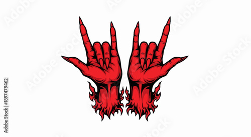 Two red demonic hands with sharp claws make a heavy metal gesture surrounded by flames