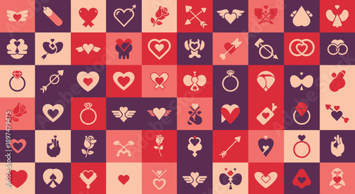 A colorful grid of Valentine's Day icons and symbols on a pink, red, and purple background