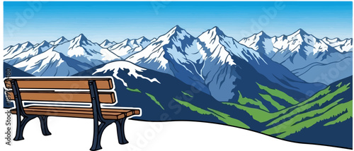 Wooden bench overlooks a vast mountain range under a clear blue sky