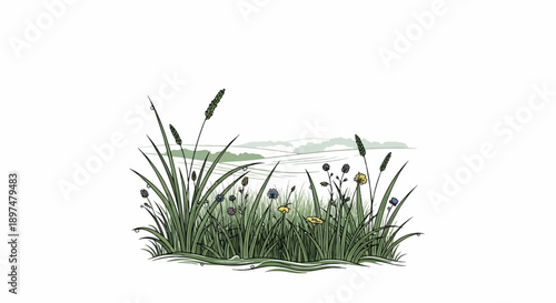 A sketch of wildflowers and tall grass in a meadow with rolling hills in the background