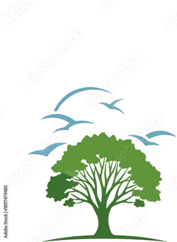 A stylized green tree with birds flying above against a white background