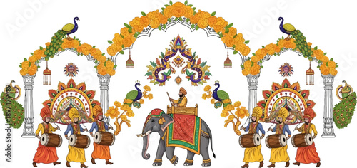 Vibrant Indian festival procession with elephants, peacocks, musicians, and ornate arches